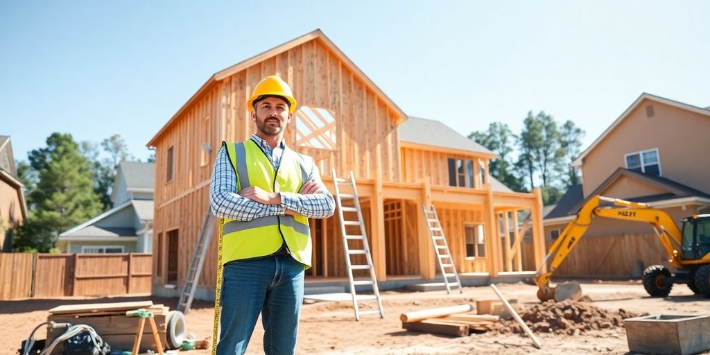 Contractor in hard hat measuring wooden frame on sunny site