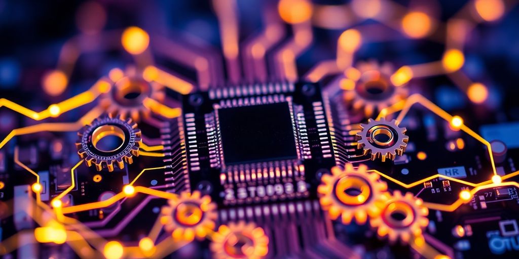 Microchip, gears, and flowing data.