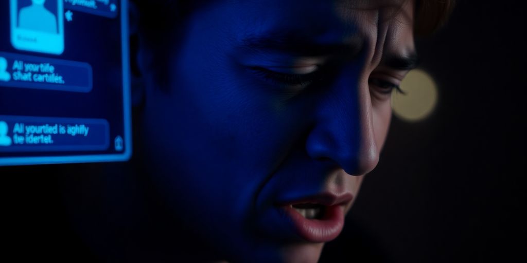 Person looking distressed while interacting with a glowing chatbot.