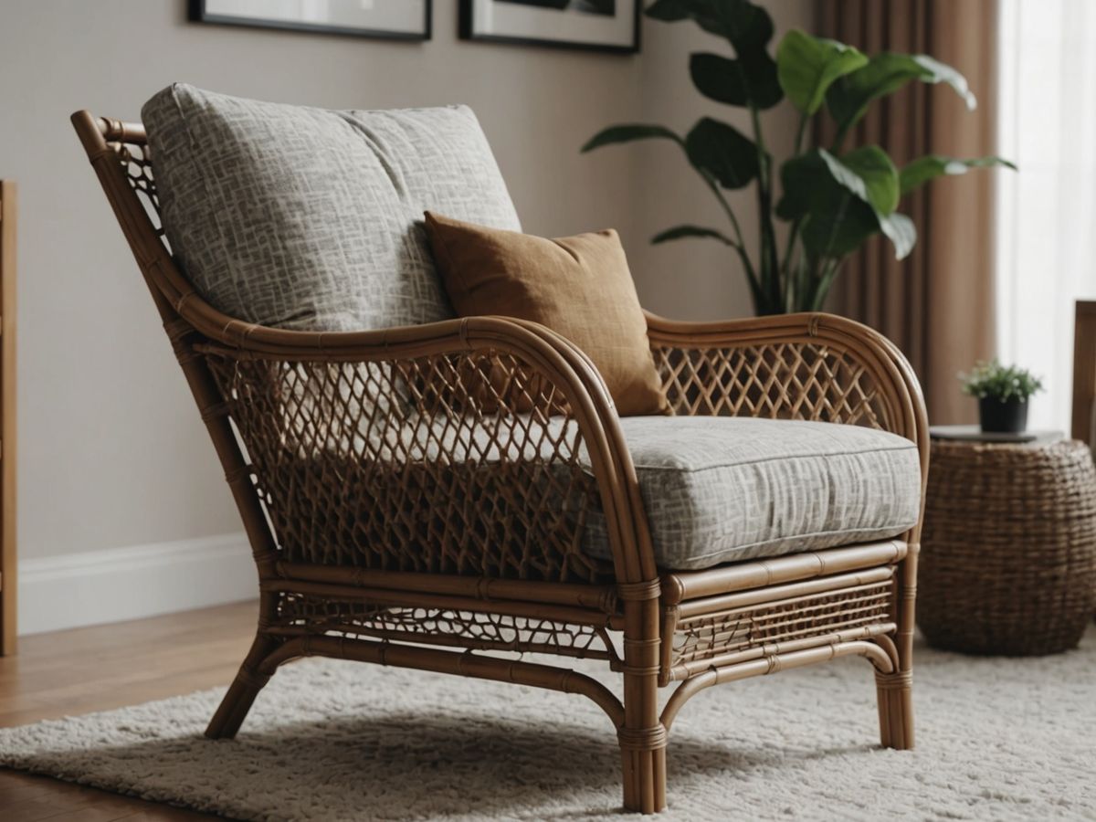 Rattan armchair in a modern living room setting.