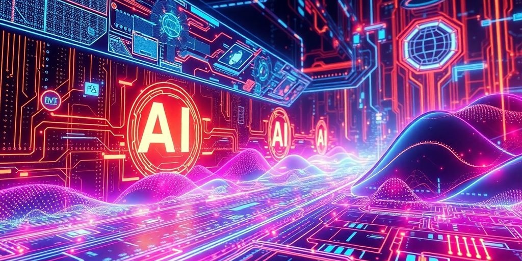 Futuristic AI technology with glowing circuits and digital landscapes.