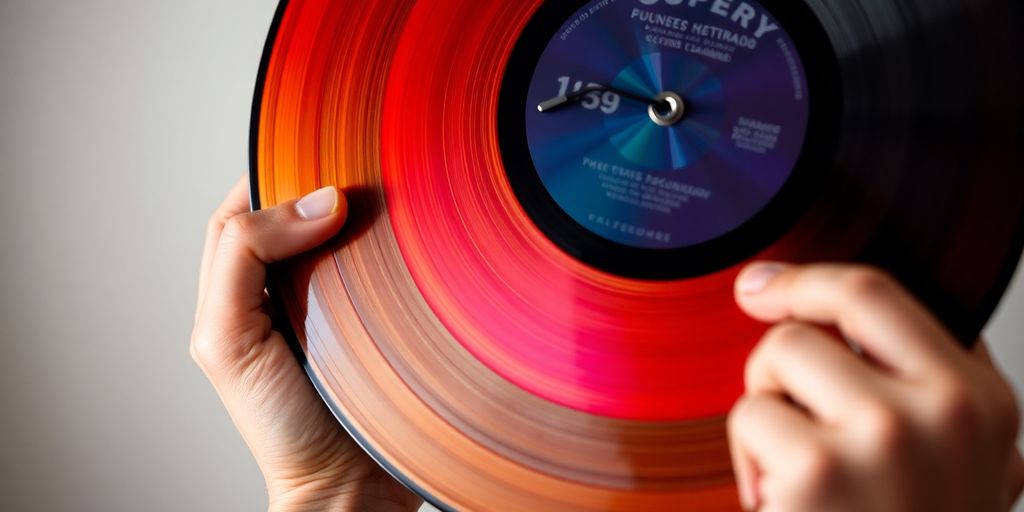 Personne tenant un disque vinyle coloré.