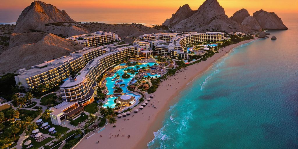Aerial view of Breathless Resort Cabo at sunset.