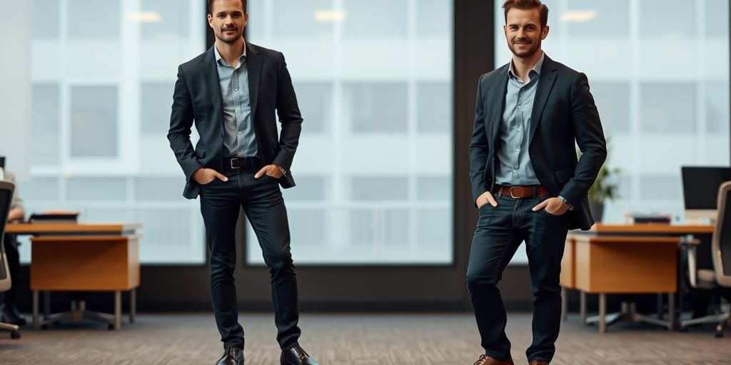 Professional in dark jeans and blazer in office