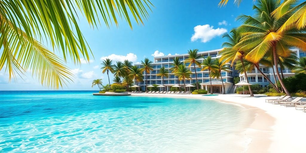 Crystal clear ocean, white sand, and a luxury resort.