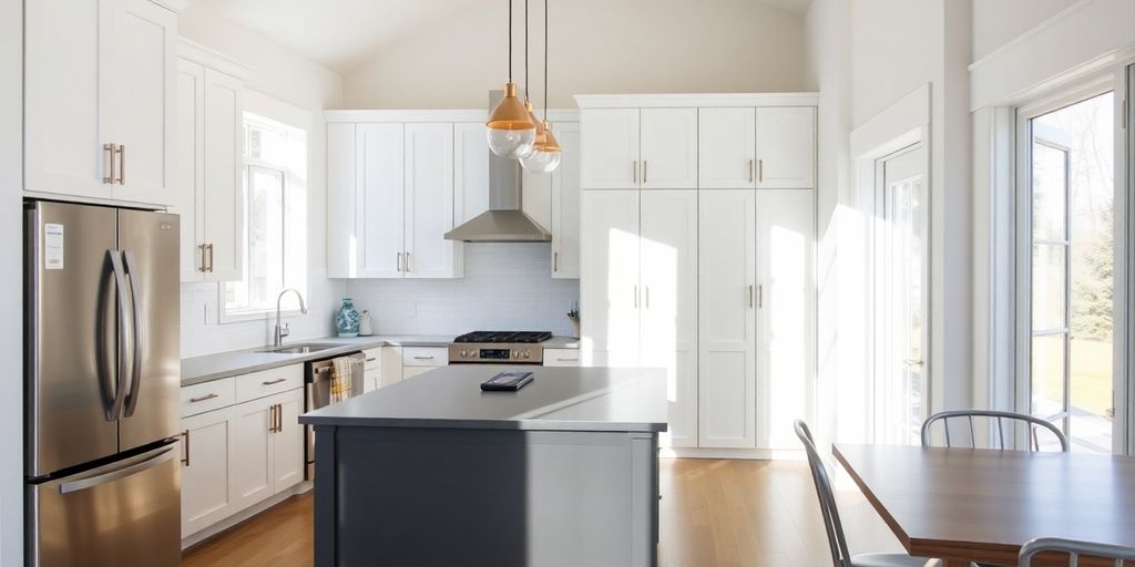 Modern kitchen renovation with new cabinets and island.