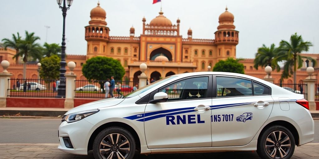 Rental car in Lahore with cityscape in background.