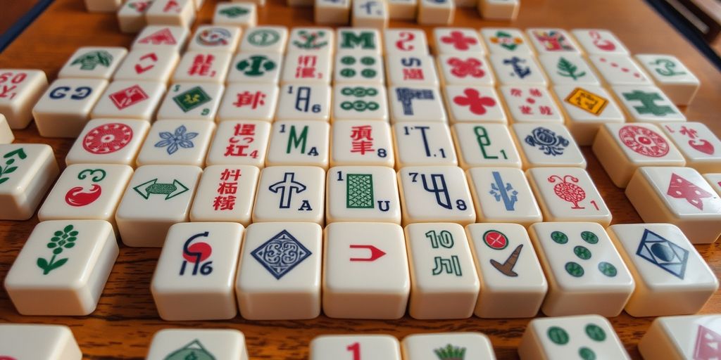 Colorful American Mahjong tiles on a wooden table.