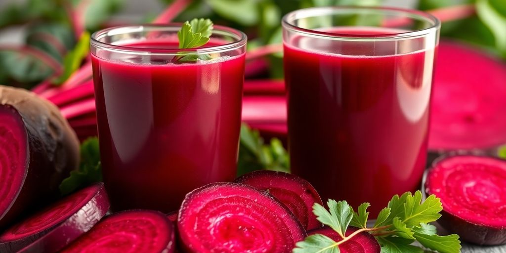 Fresh beetroot slices with a glass of beetroot juice.