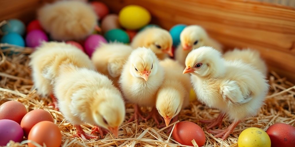 Fluffy chicks with colorful eggs in a cozy setting.
