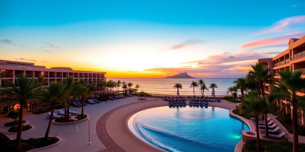 Solmar Resort's beachfront and sunset in Cabo San Lucas.