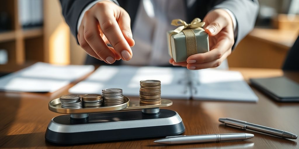 Hands adjusting scale balancing coins and gift box on desk