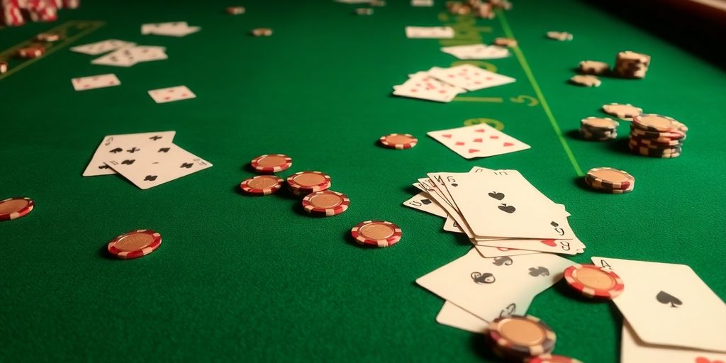 Baccarat table with chips and cards.