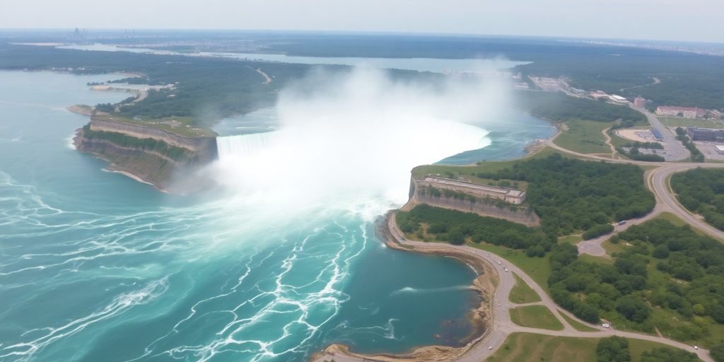 A helicopter flying high above the massive Niagara Falls.