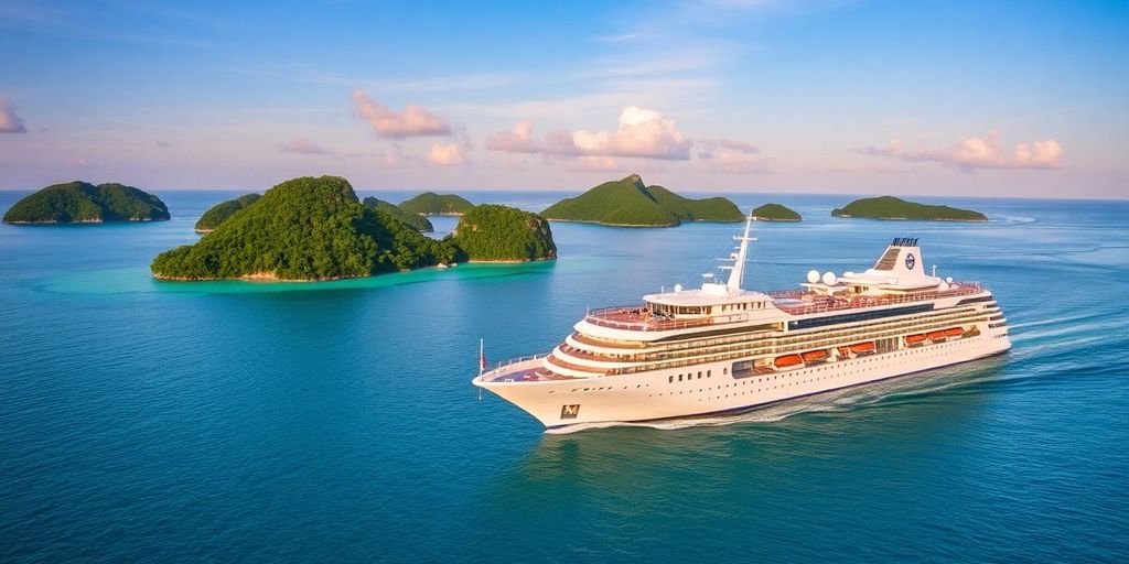 Un bateau de croisière naviguant vers un coucher de soleil tropical.
