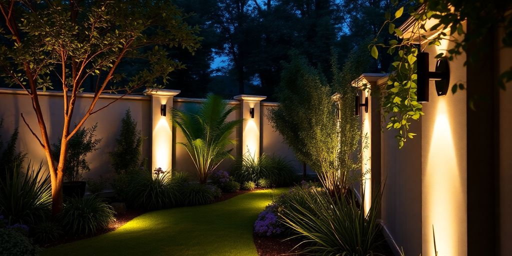 Stylish exterior wall lights illuminating a garden at night.