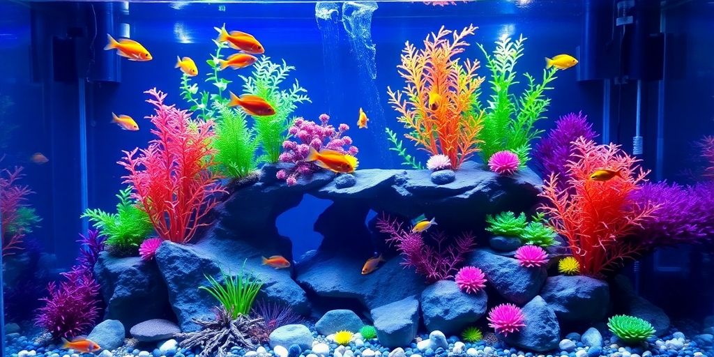Colorful fish tank with plants and lively fish.