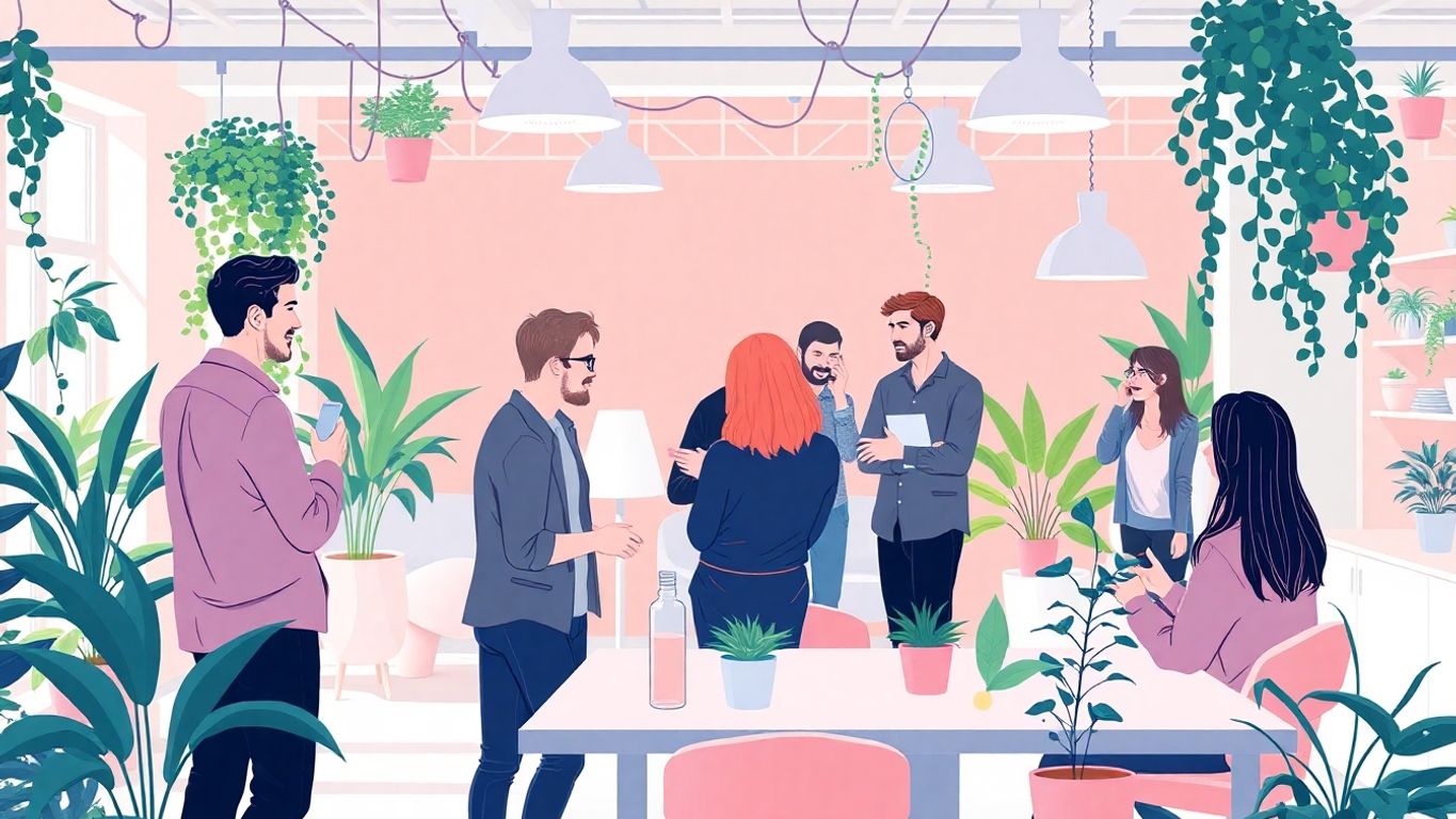 Gründere i en lys, moderne arbeidsplass med planter.