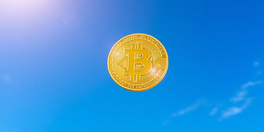 Bitcoin reaching new peak, golden glow.