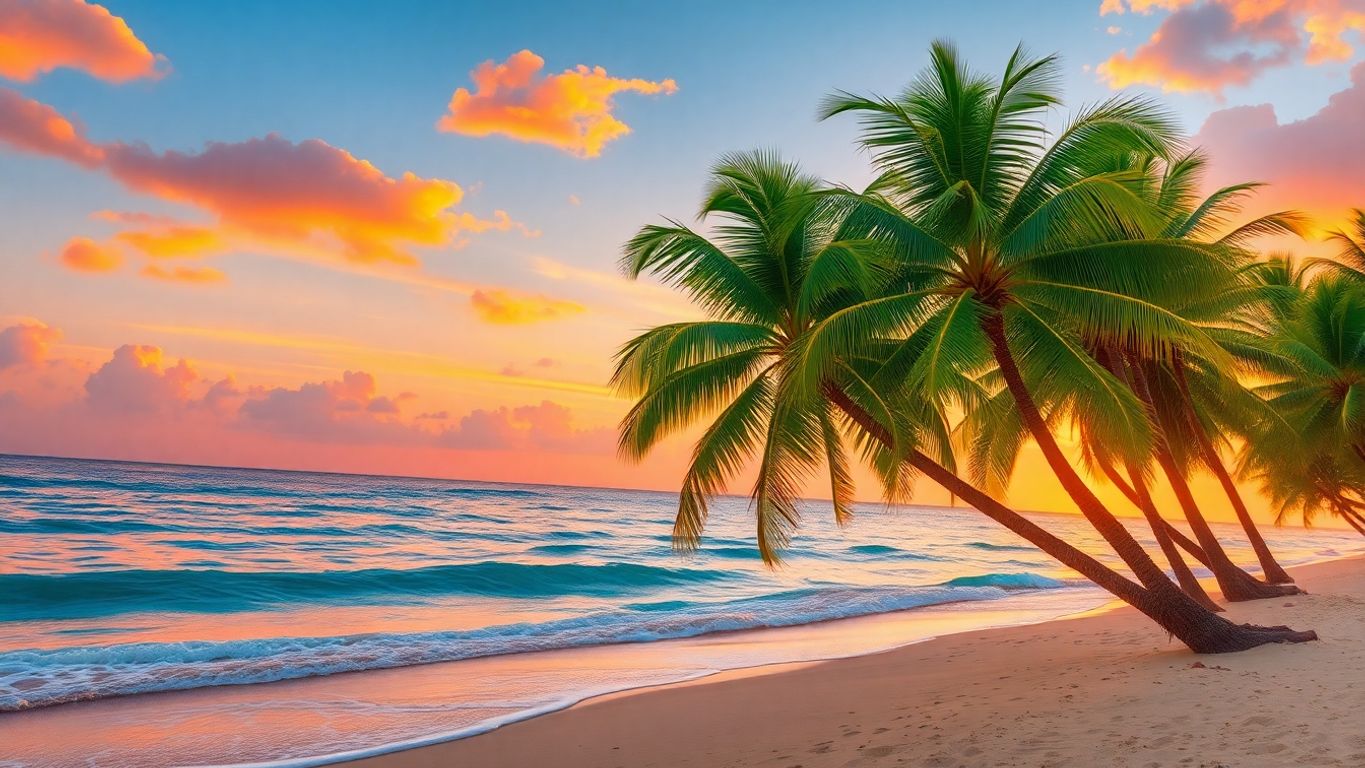 Tropical beach with palm trees and sun.