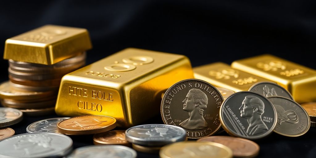 Close-up of gold bullion and numismatic coins on velvet.