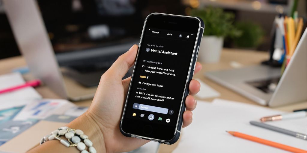 Pessoa usando smartphone em ambiente de trabalho aconchegante.