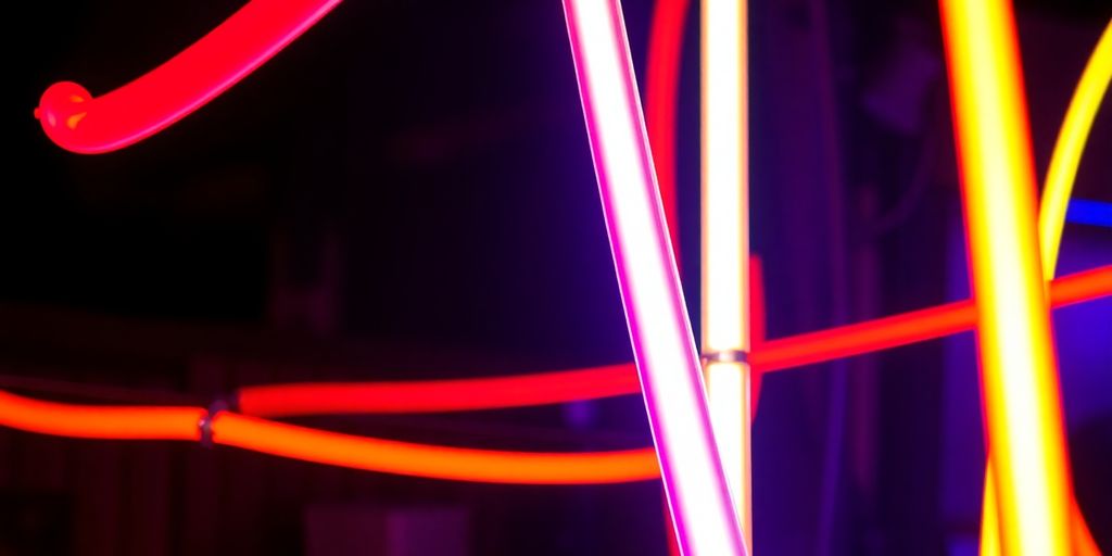 Vibrant neon glows illuminate a storefront.