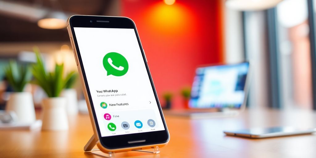 Smartphone showing WhatsApp features in a modern workspace.