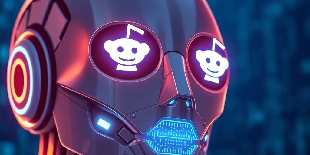 Robot head with Reddit logo eyes, glowing circuits.