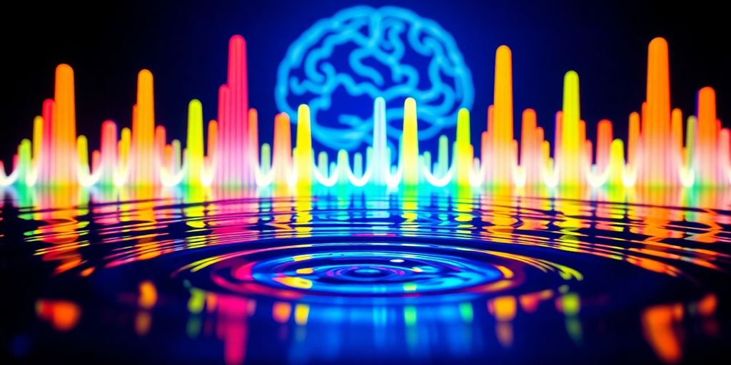 Colorful soundwaves with a brain silhouette in the background.