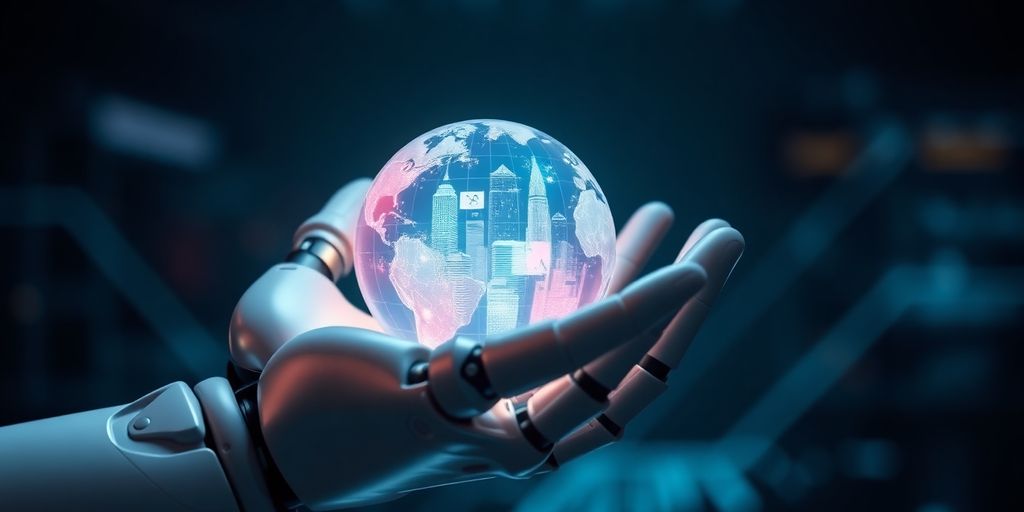 Robot hand holds glowing hologram of advertising.