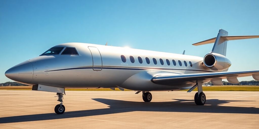 Sleek private jet parked on tarmac under bright sun.