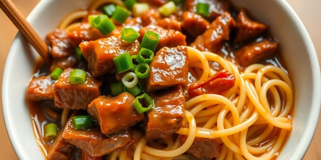 Savory Mongolian beef noodles with green onions.