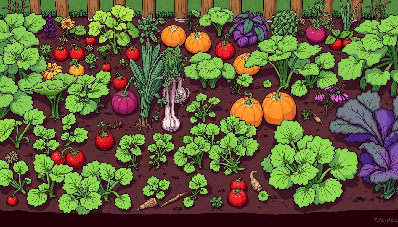 Lush vegetable garden with various crops at different growth stages