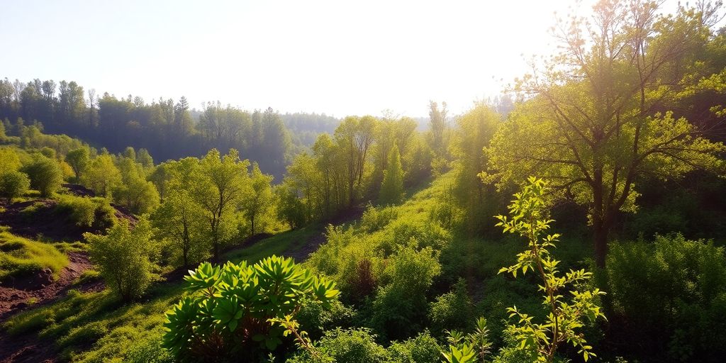 Paysage de mine réhabilité avec végétation luxuriante.