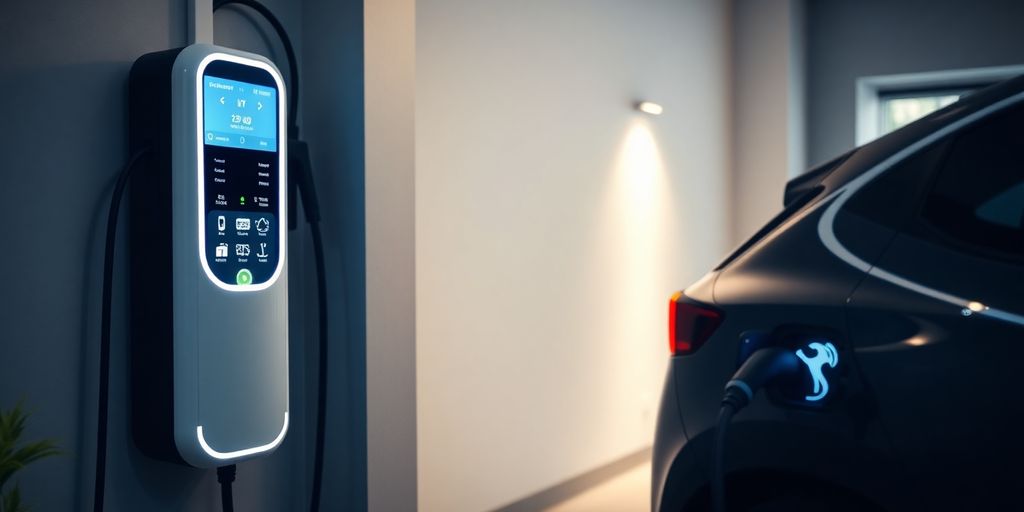 Close-up of a modern home EV charging station.
