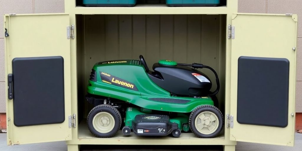 Repurposed cabinet holding a lawn mower.