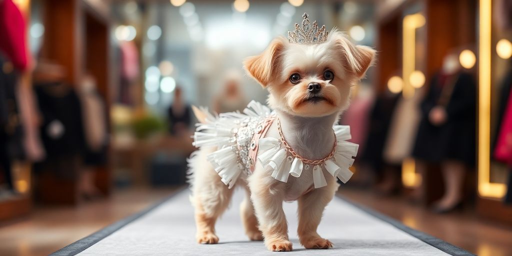 Small dog in stylish outfit on a runway.