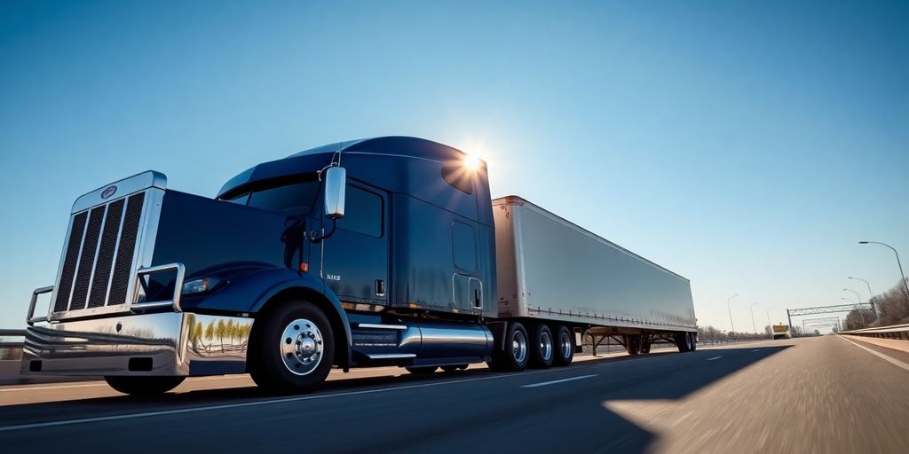A dark blue Old Dominion truck on a sunny highway.