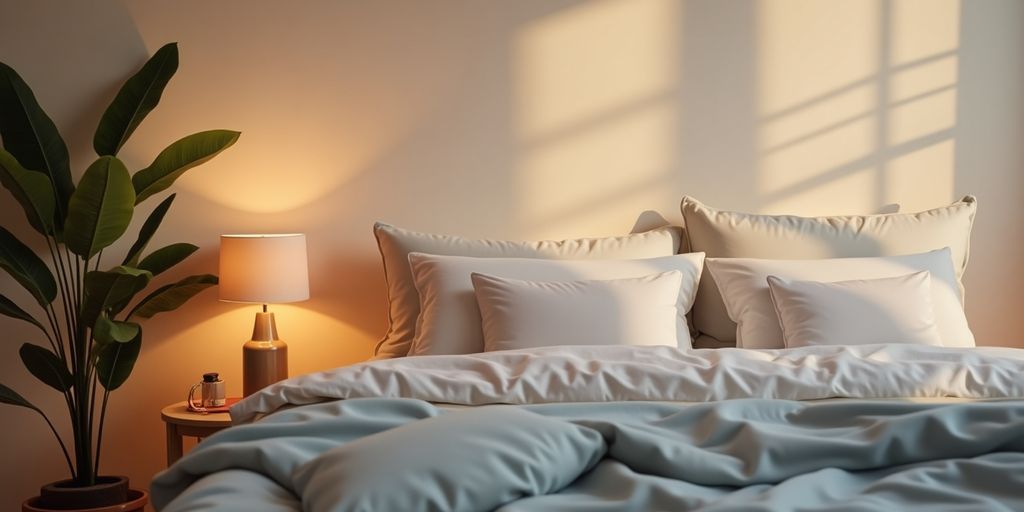 Quarto tranquilo com cama aconchegante e luz suave.