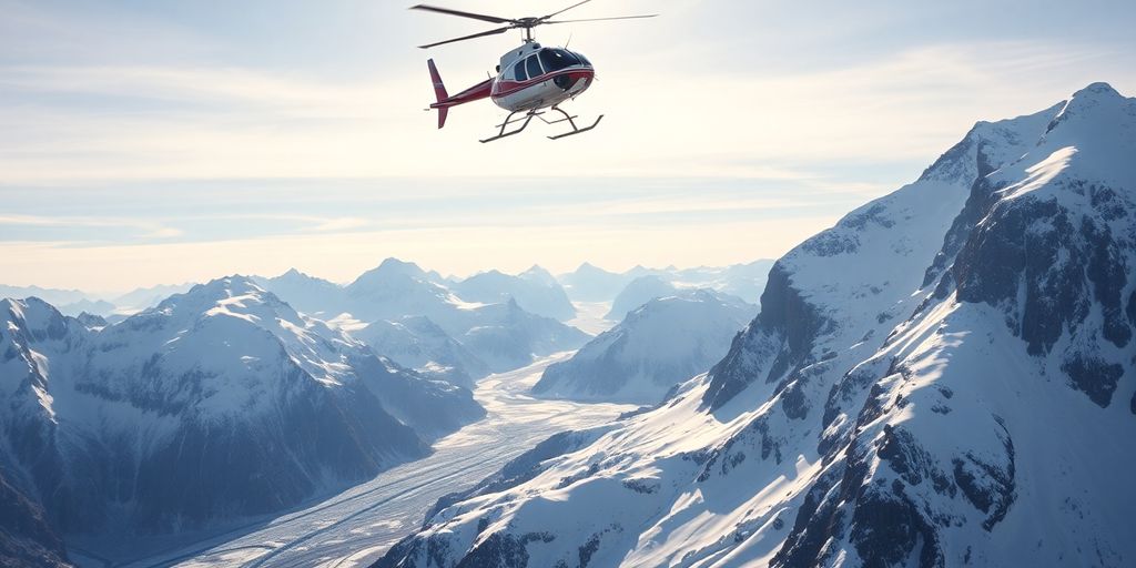 A helicopter flying over vast, snow-covered Alaskan mountains.