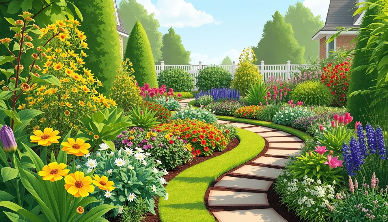 Illustrative garden with plants and pathway.
