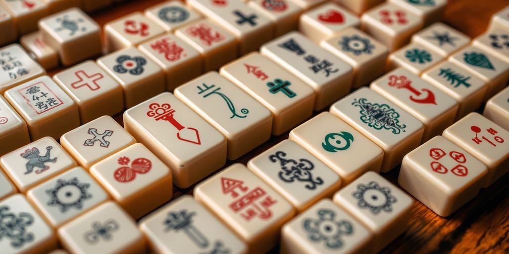 Various Mahjong tiles of different sizes on a table.