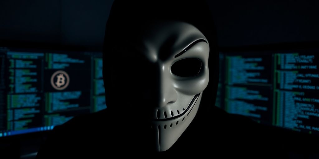 Masked hacker at computer, focusing on cryptocurrency scams.