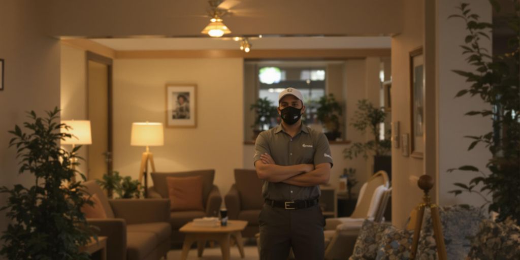 Night concierge in a well-lit hostel common area.