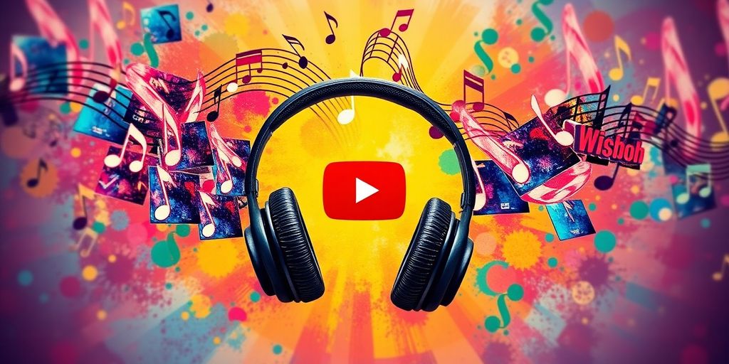 Collage of music notes and headphones on colorful background.