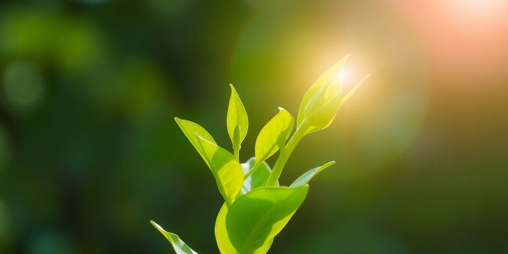 A growing plant reaching towards a bright sun.