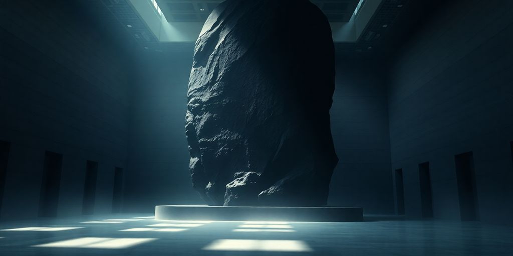 Beeld van reusachtige donkere sculptuur in schemering.