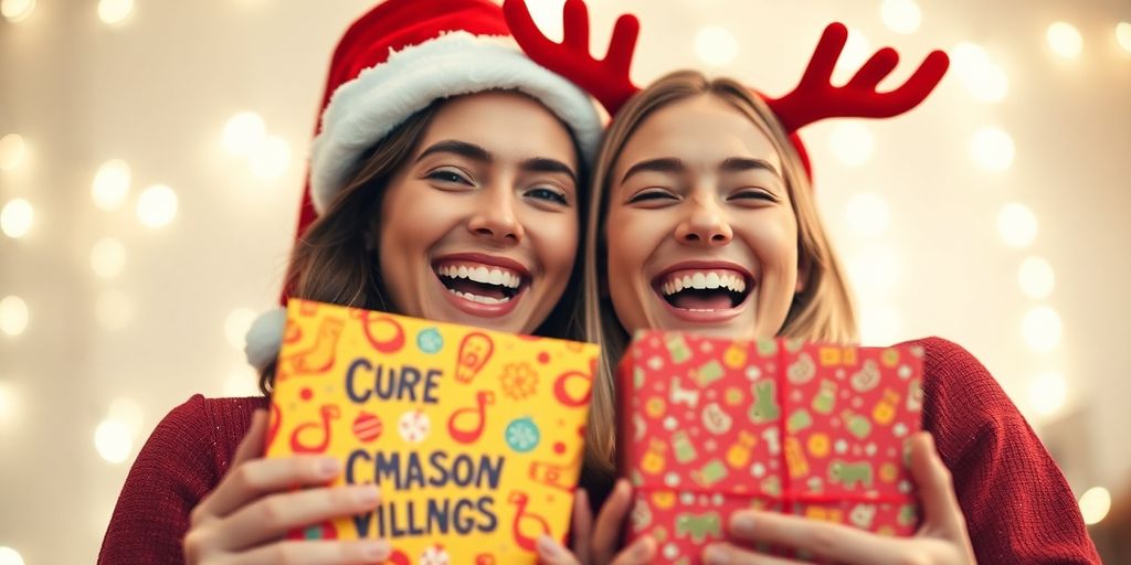 Friends exchanging humorous Christmas gifts, warm smiles.