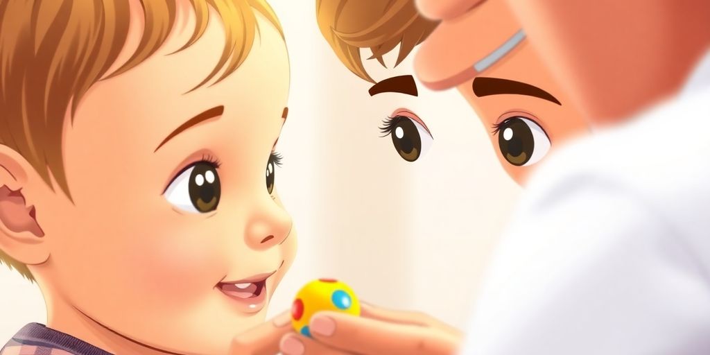 Child smiling, optometrist examining eyes.